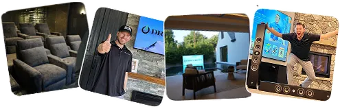 Showcasing Dreamediaโs luxury home theater setups with cozy seating, outdoor viewing, and engaging client interactions.