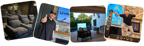 Showcasing Dreamedia’s luxury home theater setups with cozy seating, outdoor viewing, and engaging client interactions.